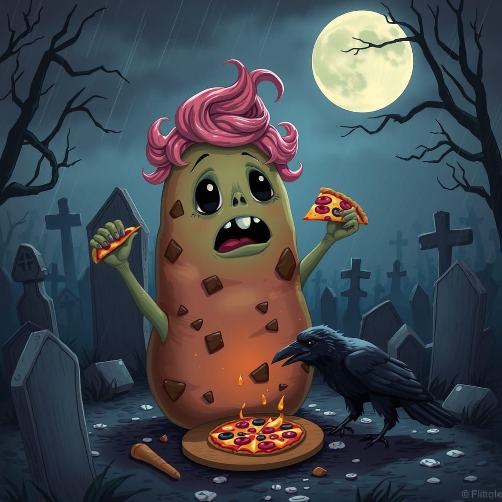 Cute Zombie Enjoying Pizza in Graveyard Storm