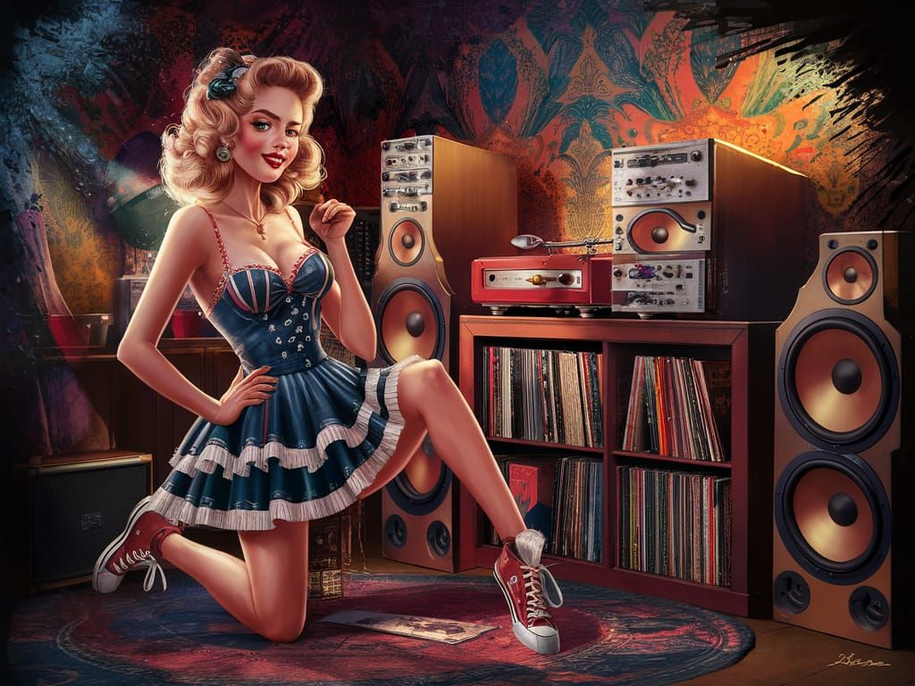 Vintage Pin-Up Girl Listening to Rock n Roll