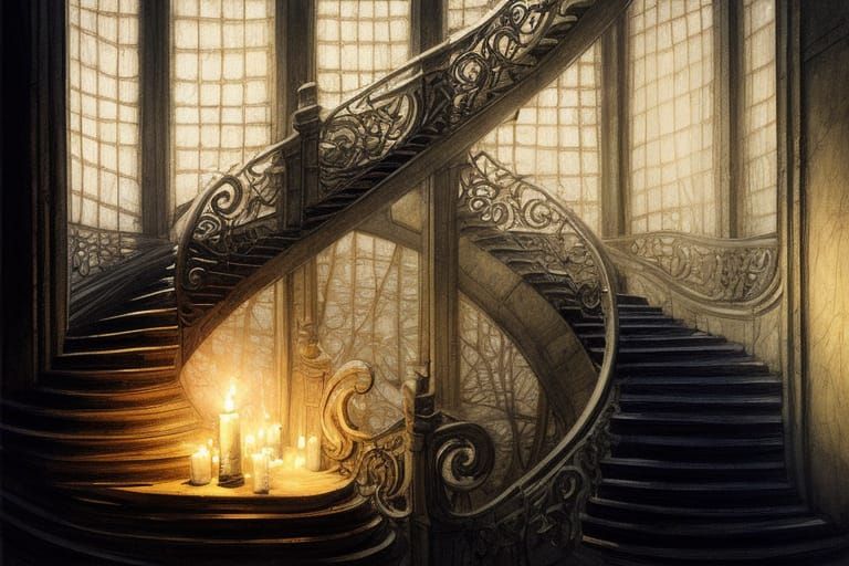 Reflective Korean Candle on Engraved Stairs