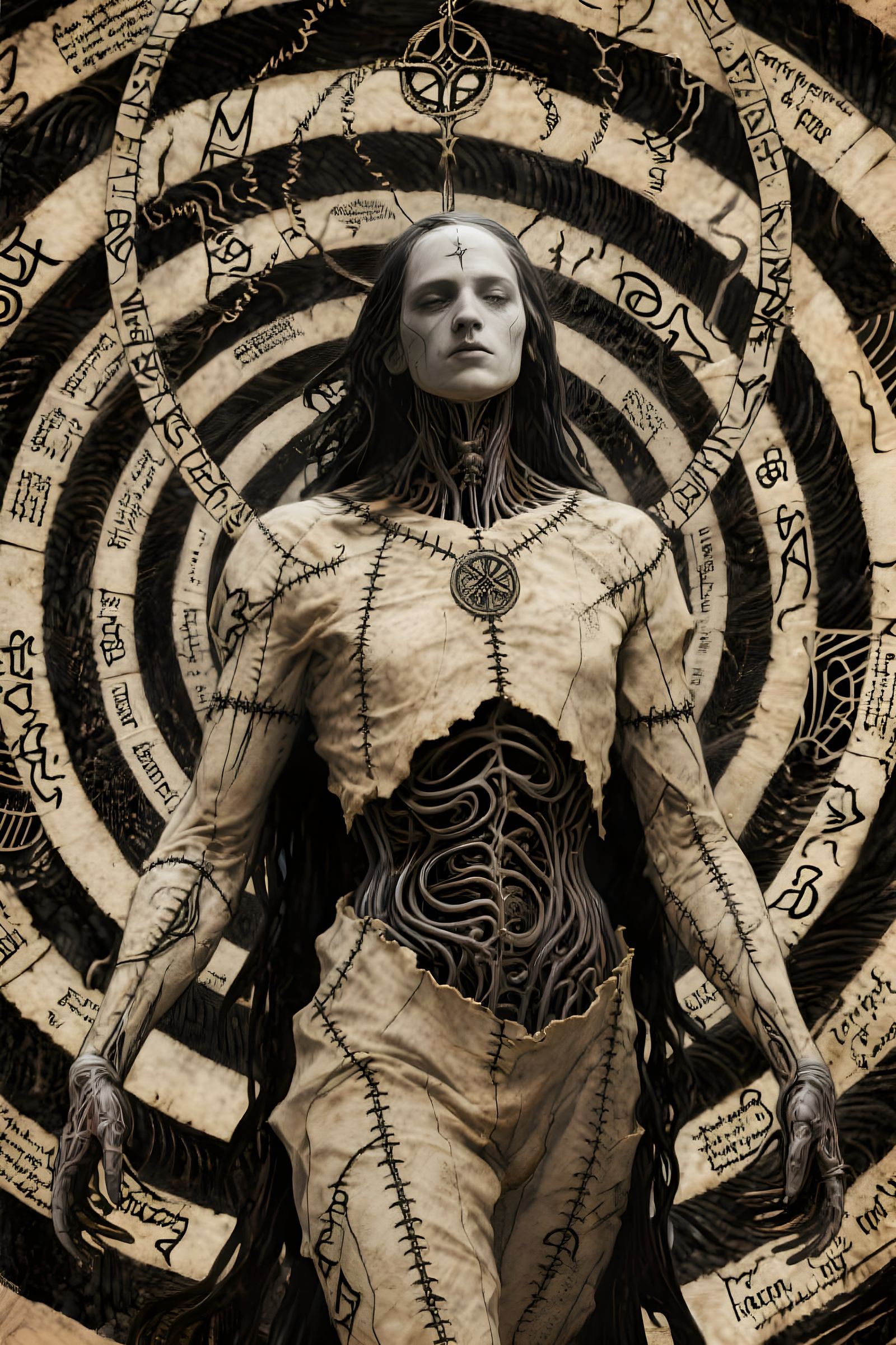 Mystical Figure in Gothic Surrealism with Glossolalia