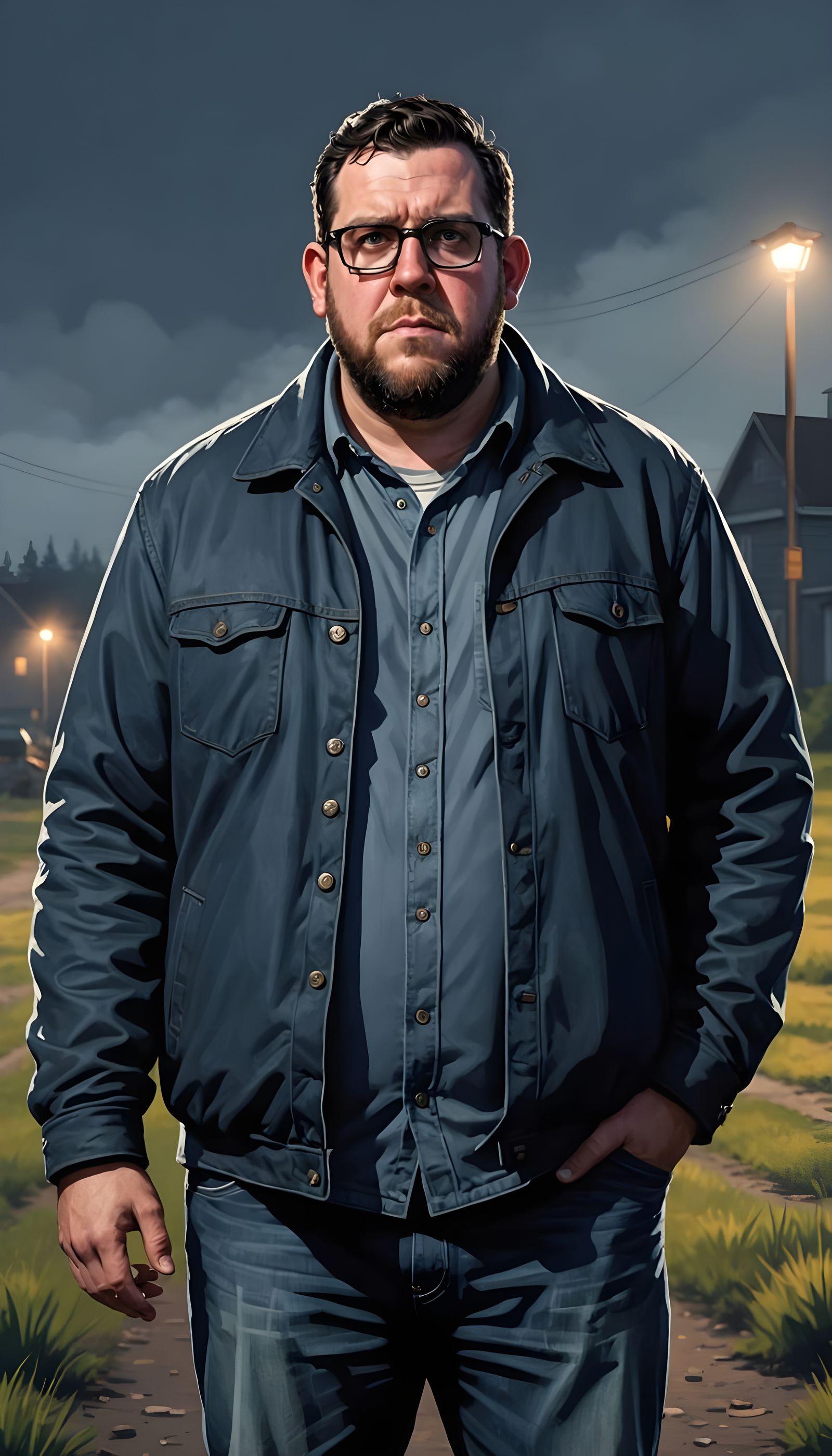 Robust Man in Misty Countryside: Photorealistic Noir