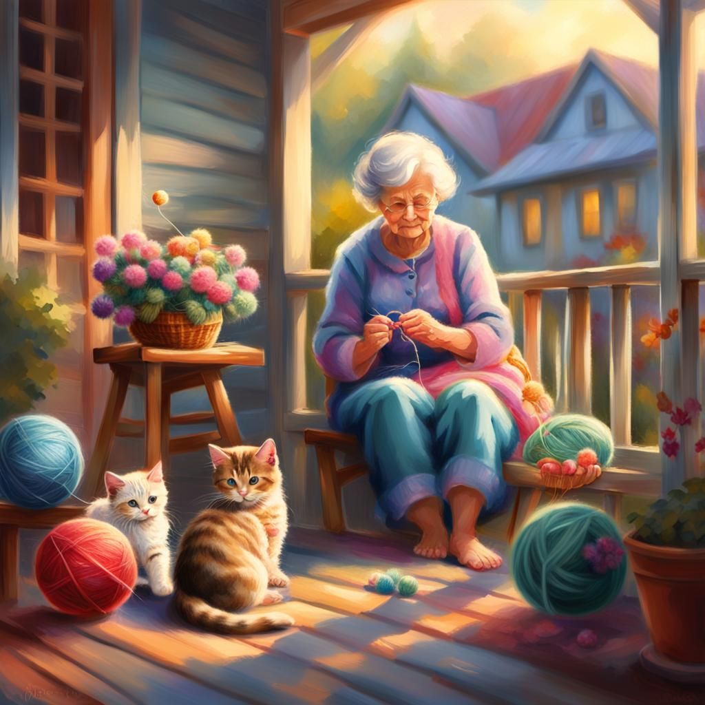 Cozy Veranda Scene: Old Woman Knitting with Kitten