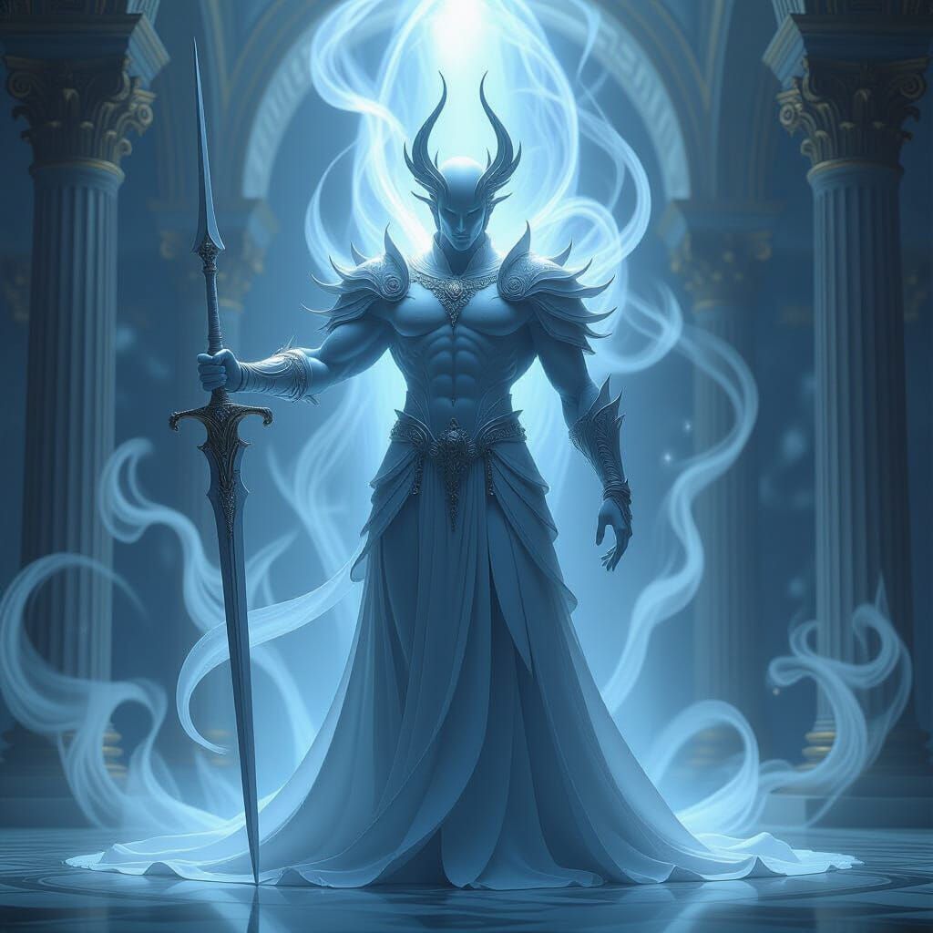 Celestial Being with Rapier in Ethereal Mist