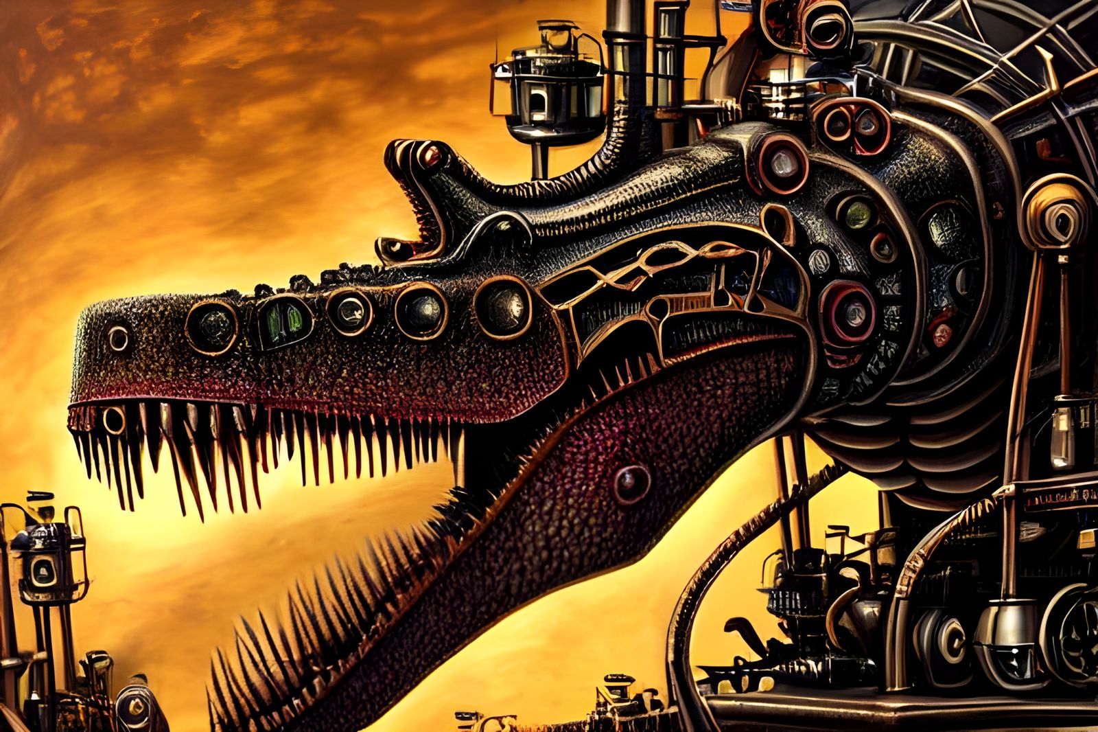 Hyperdetailed Steampunk Dinosaur Painting