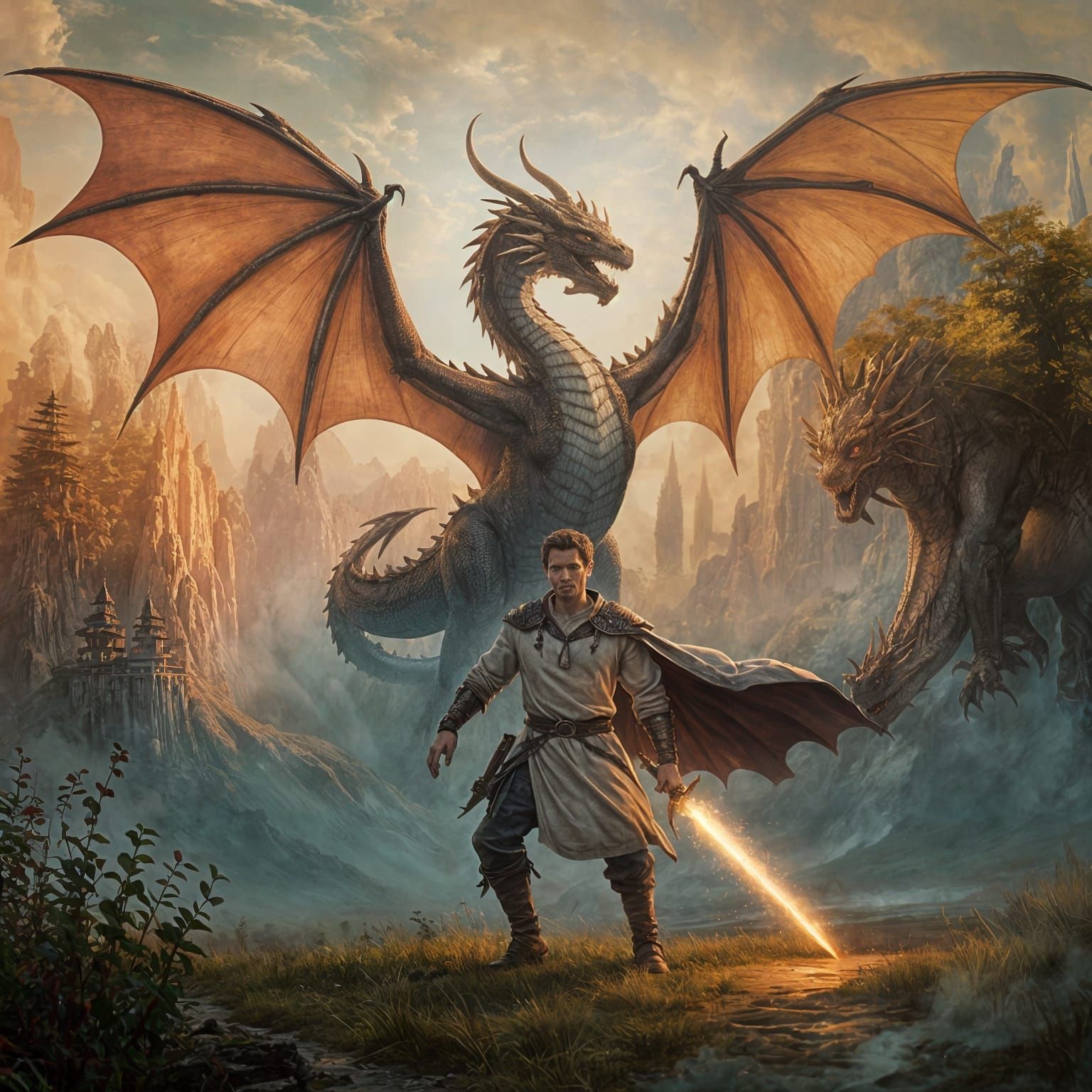 Dragon and Slayer in Impressionistic Dreamscape