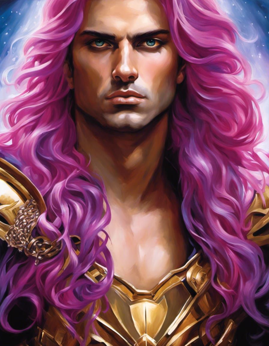 Cosmic Haired Man in Chainmail, Acrylic Painting