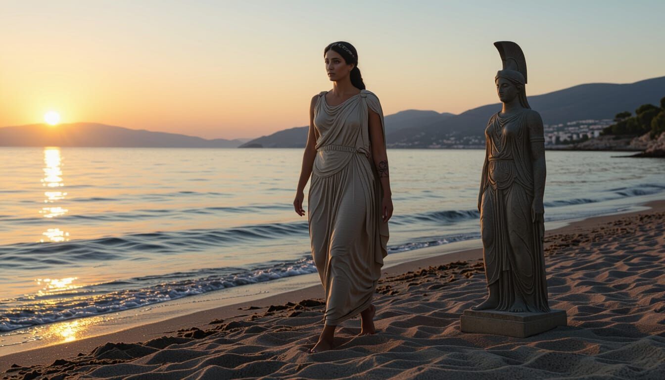 Greek Priestess Walks Samos Shore at Dawn