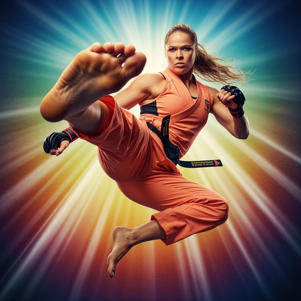 Dynamic Fighter Mid-Air Drop Kick in Hyperrealistic Style