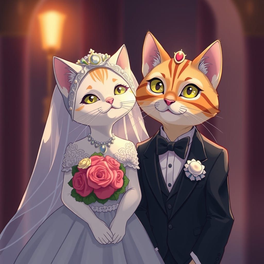 Romantic Feline Couple in Vibrant Cel-Shaded Style
