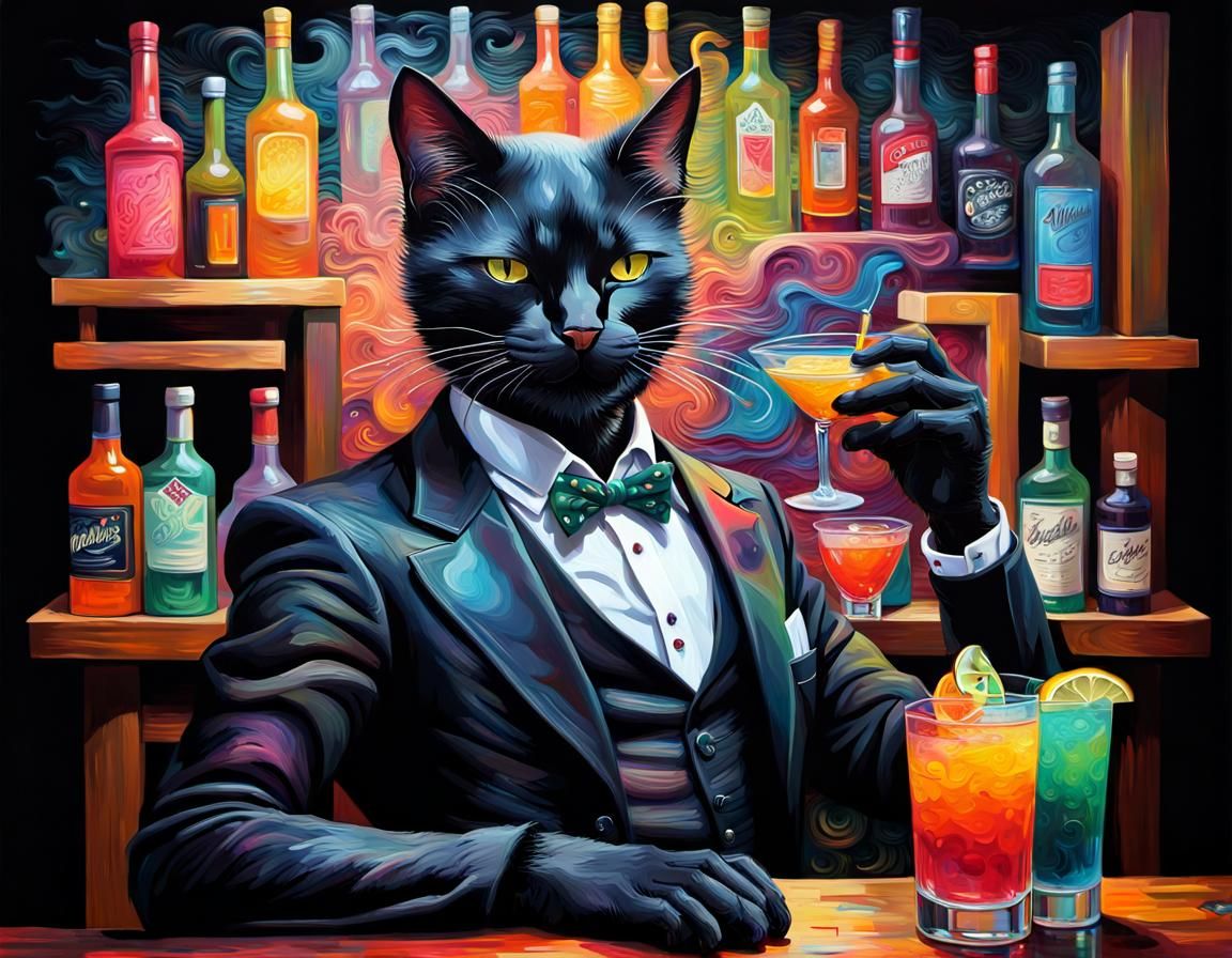 Cat Bartender Mixing Cocktails as Oil Painting
