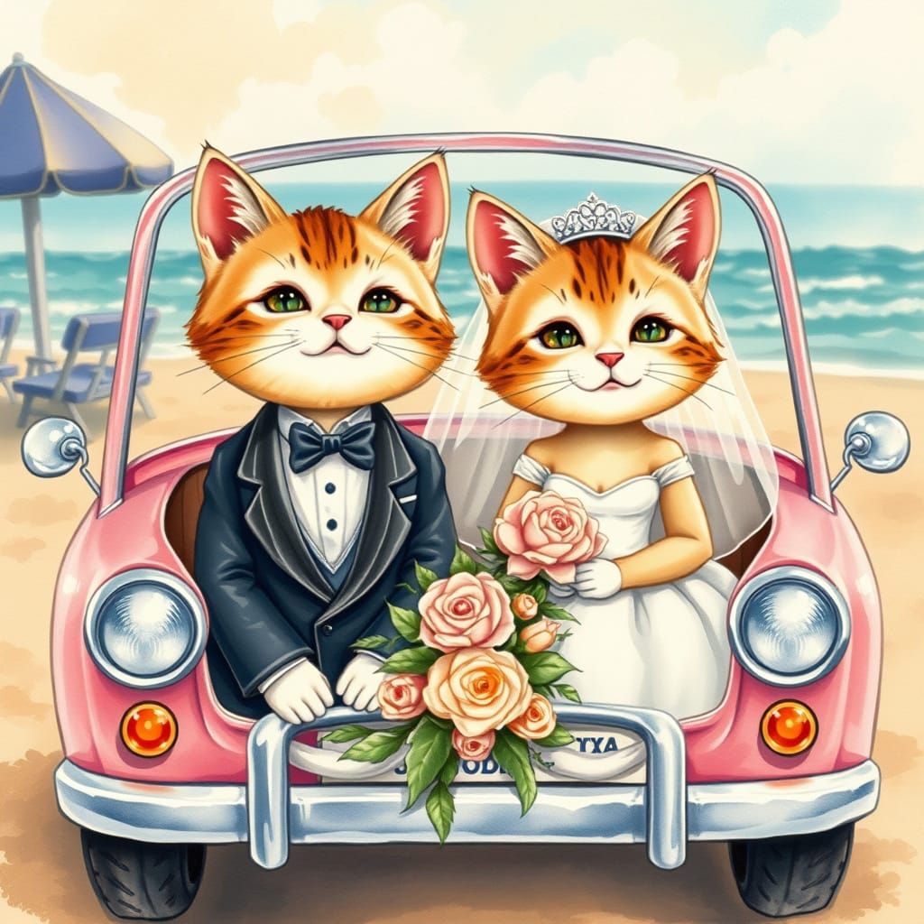 Charming Vintage-Style Watercolor Cats in Tuxedo and Wedding...