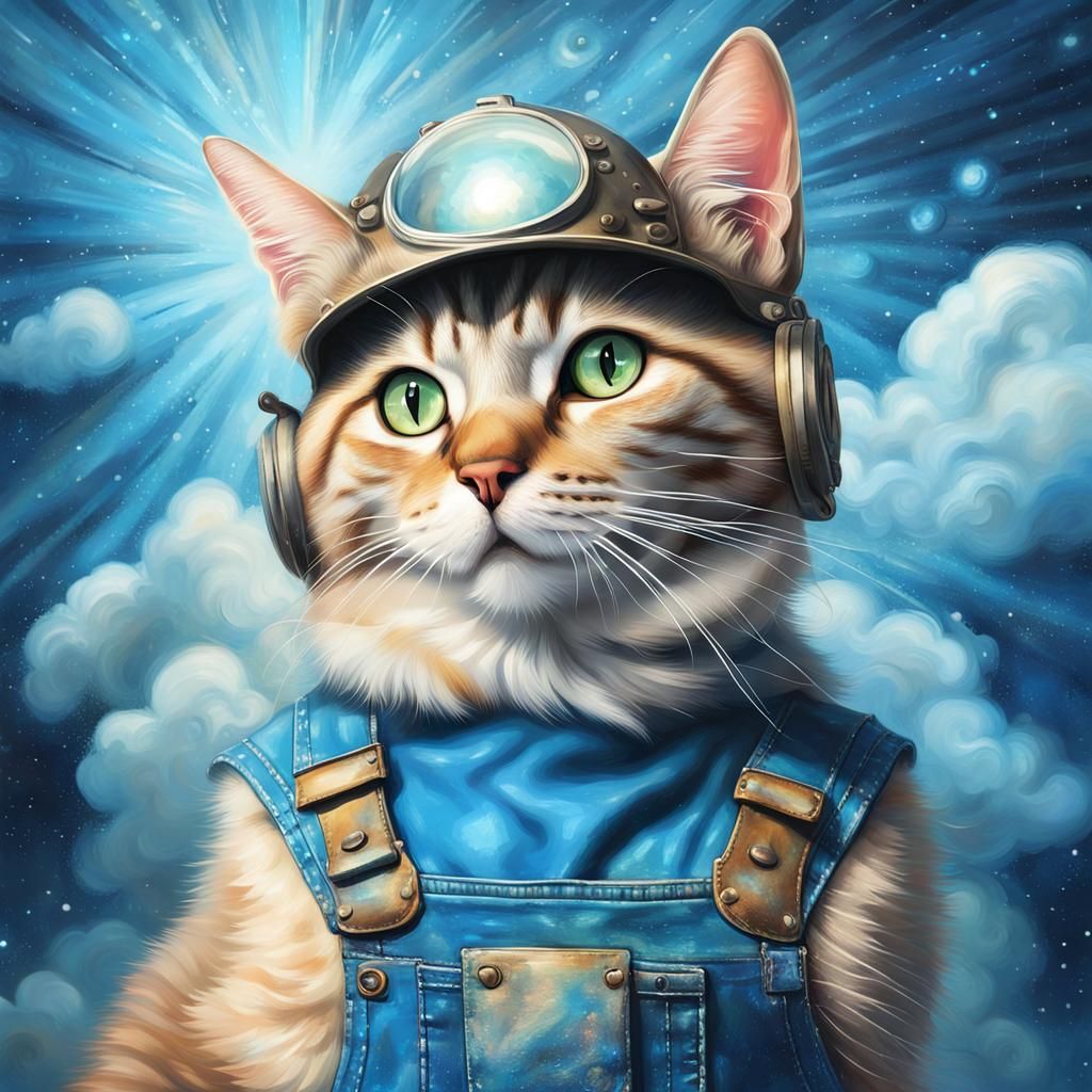 Cat Painting a Wall: Surreal Steampunk Illustration