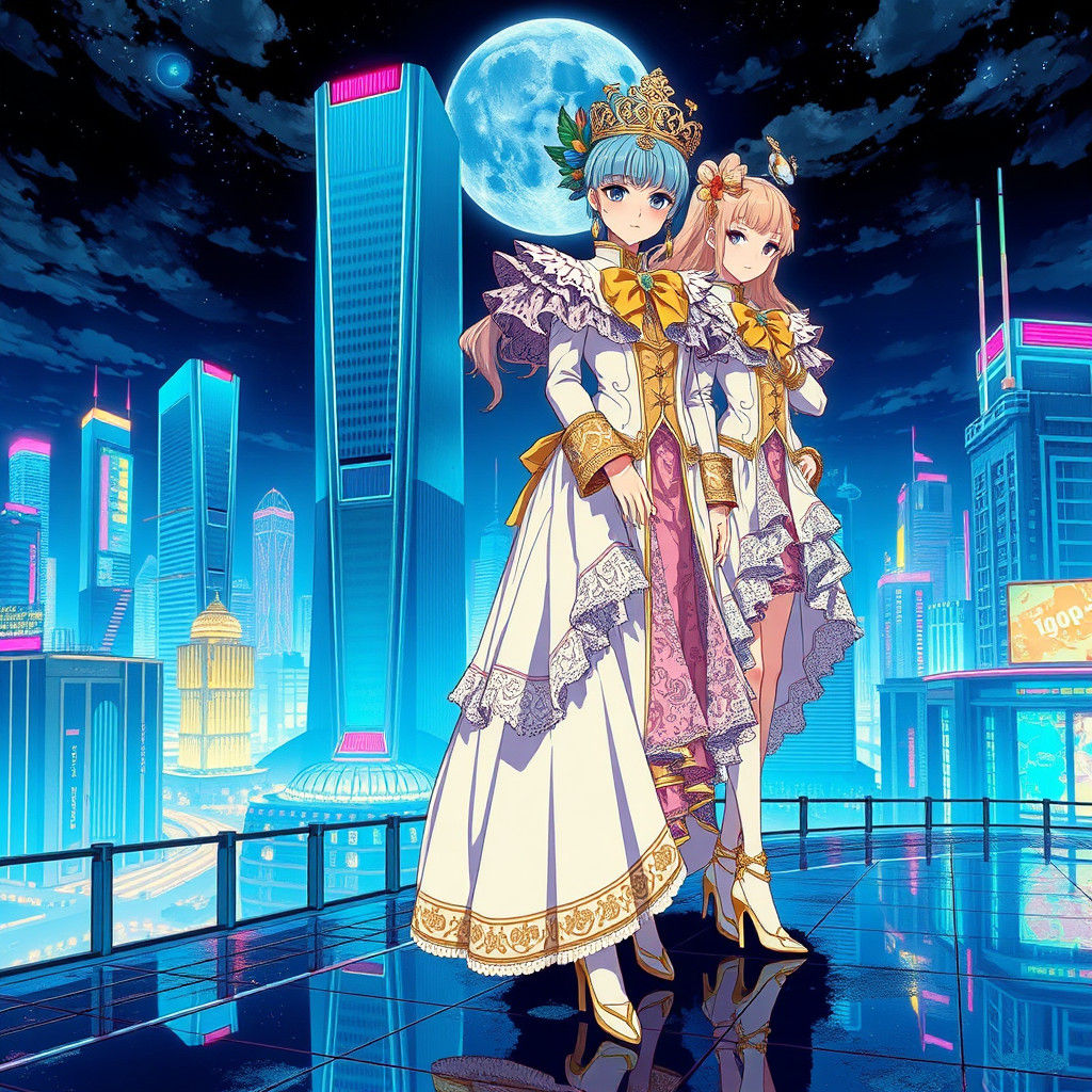 Victorian Figures Rule Futuristic City in Anime Style
