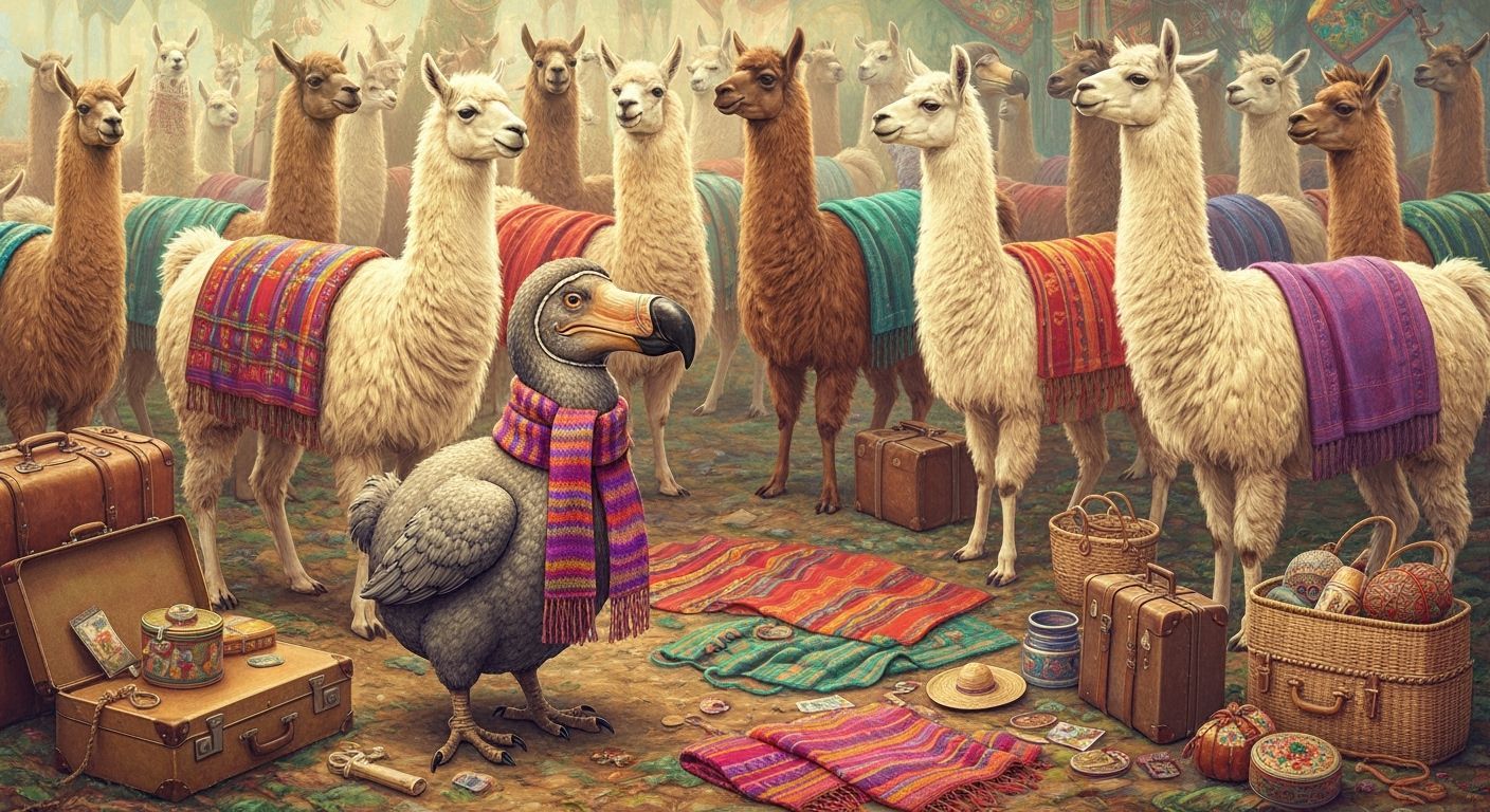dodo bird hidden in a crowd of lamas