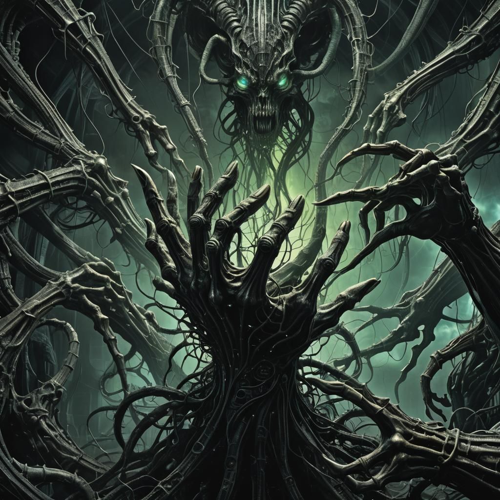 Dystopian Demon Manipulating Mortal in Surreal Scene