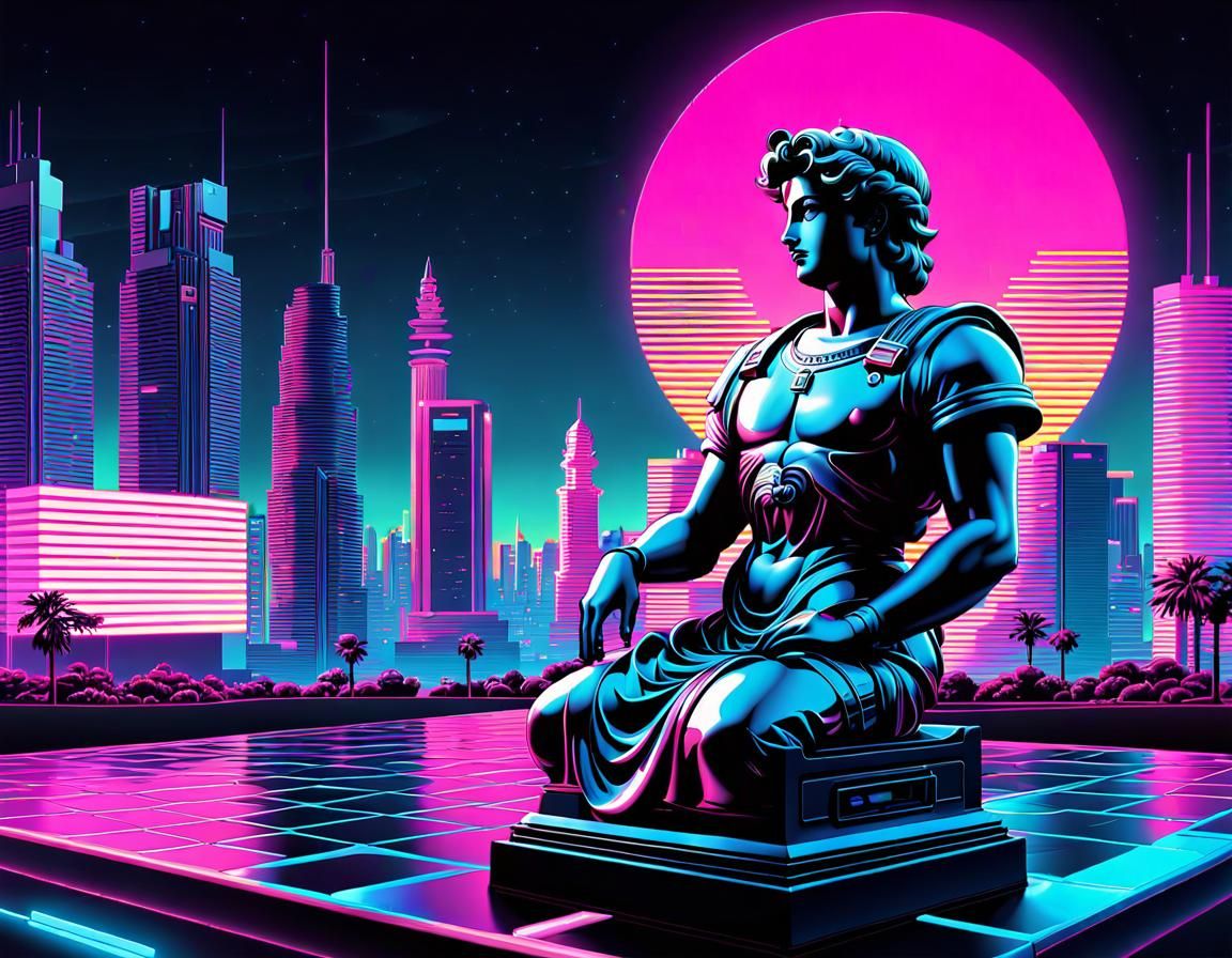 Neon Vaporwave Cityscape in 8-bit Style