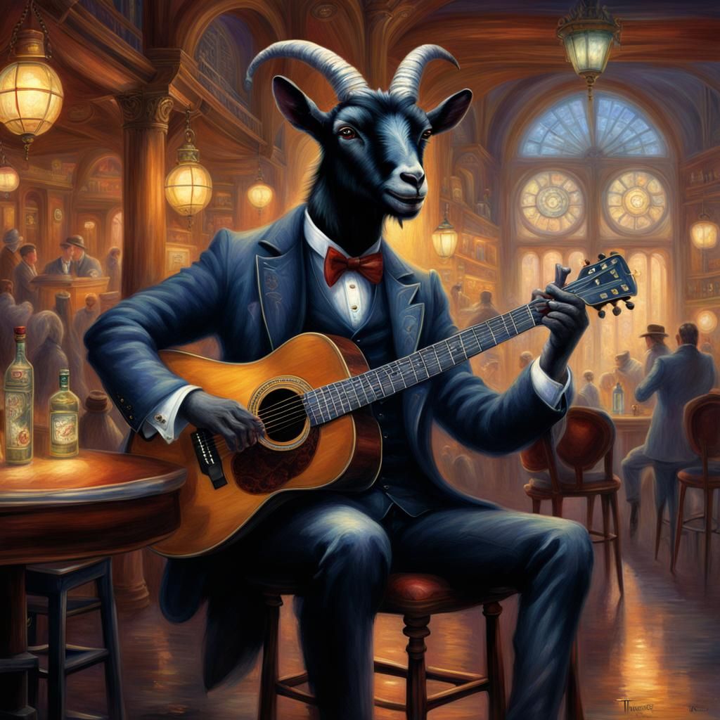 Goat Musician in Victorian Suit Playing Guitar