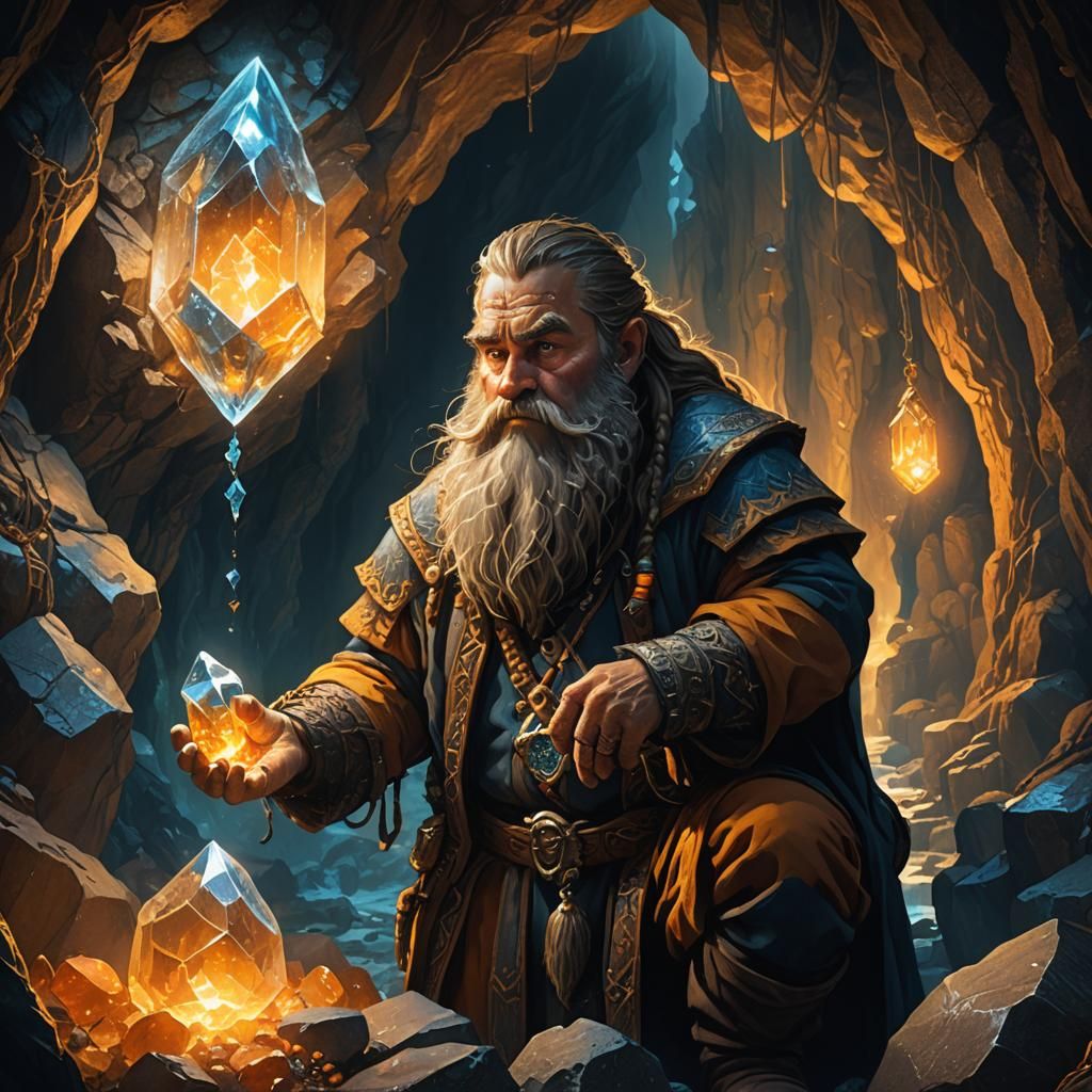 Dwarf Miner Examines Glowing Crystal in Cave