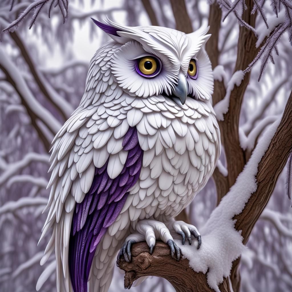 Hyperrealistic Snowy Owl Sculpture with Purple Accents
