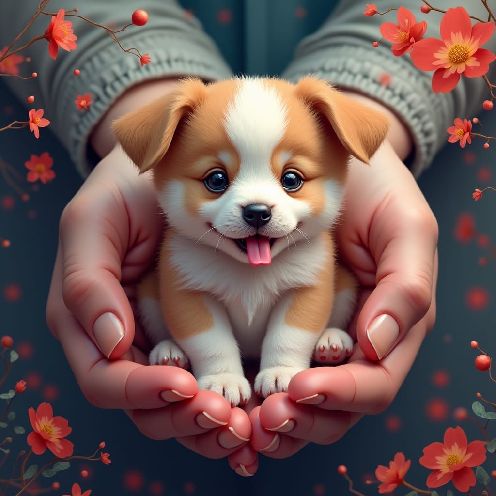 Adorable Puppy in Gentle Hand, Fantasy Concept Art