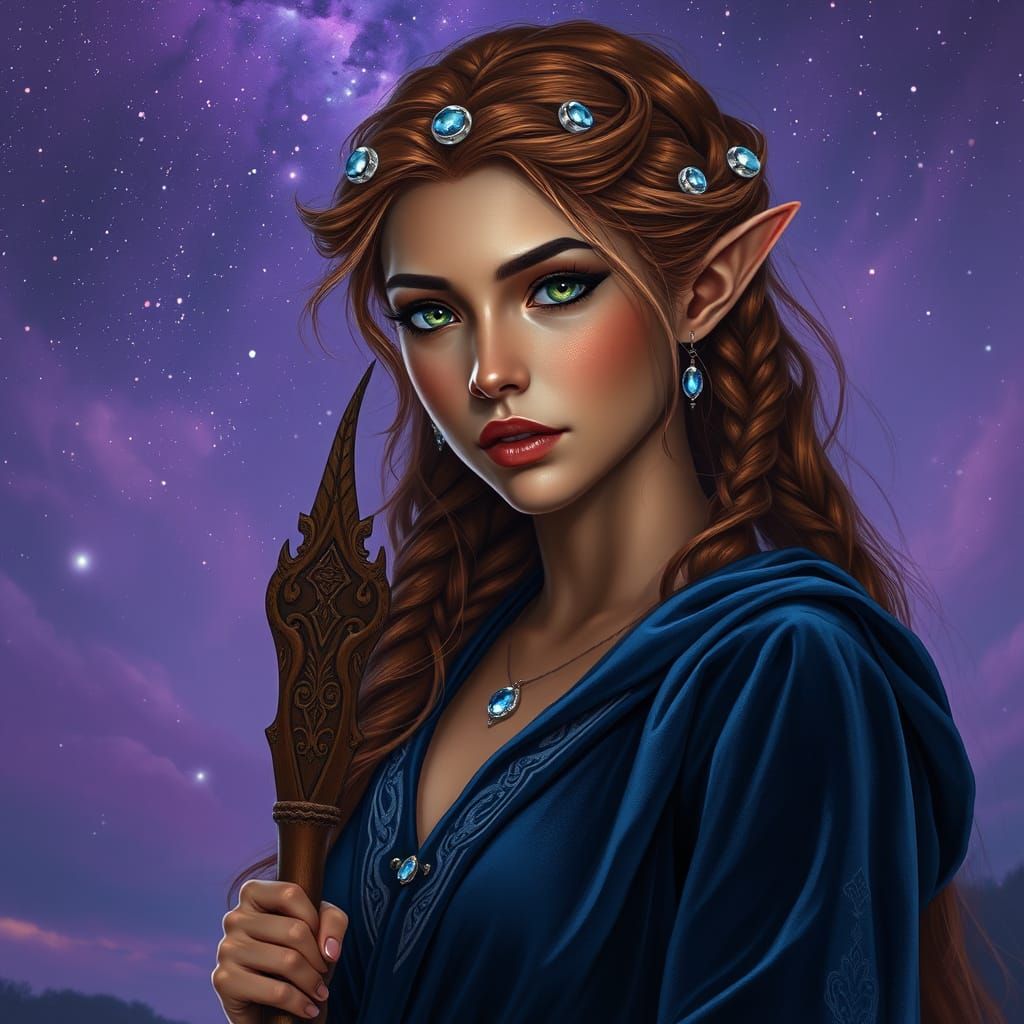 Ethereal Elven Goddess with Moonlit Staff and Velvet Gown