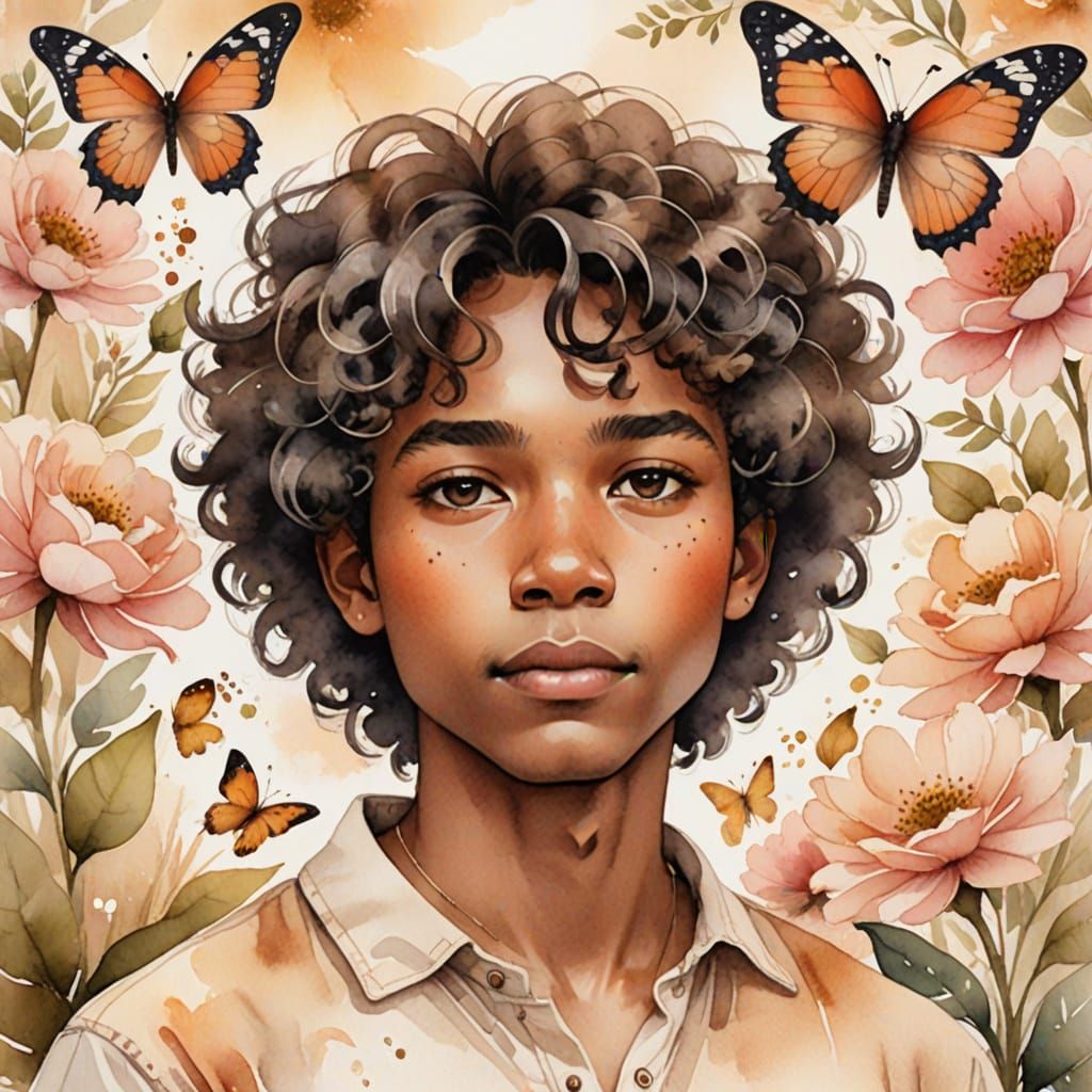 Whimsical Portrait of a Mixed Race Boy in a Floral Wonderlan...