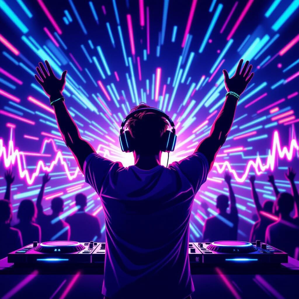 DJ in Club with Neon Lights and Sound Waves