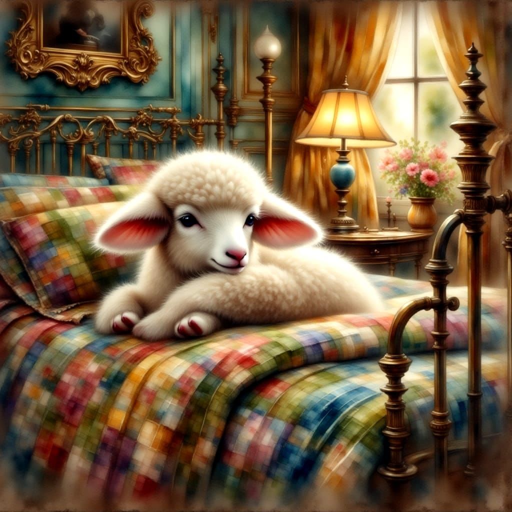 Lamb Peeking from Quilt: Painterly Antique Watercolor