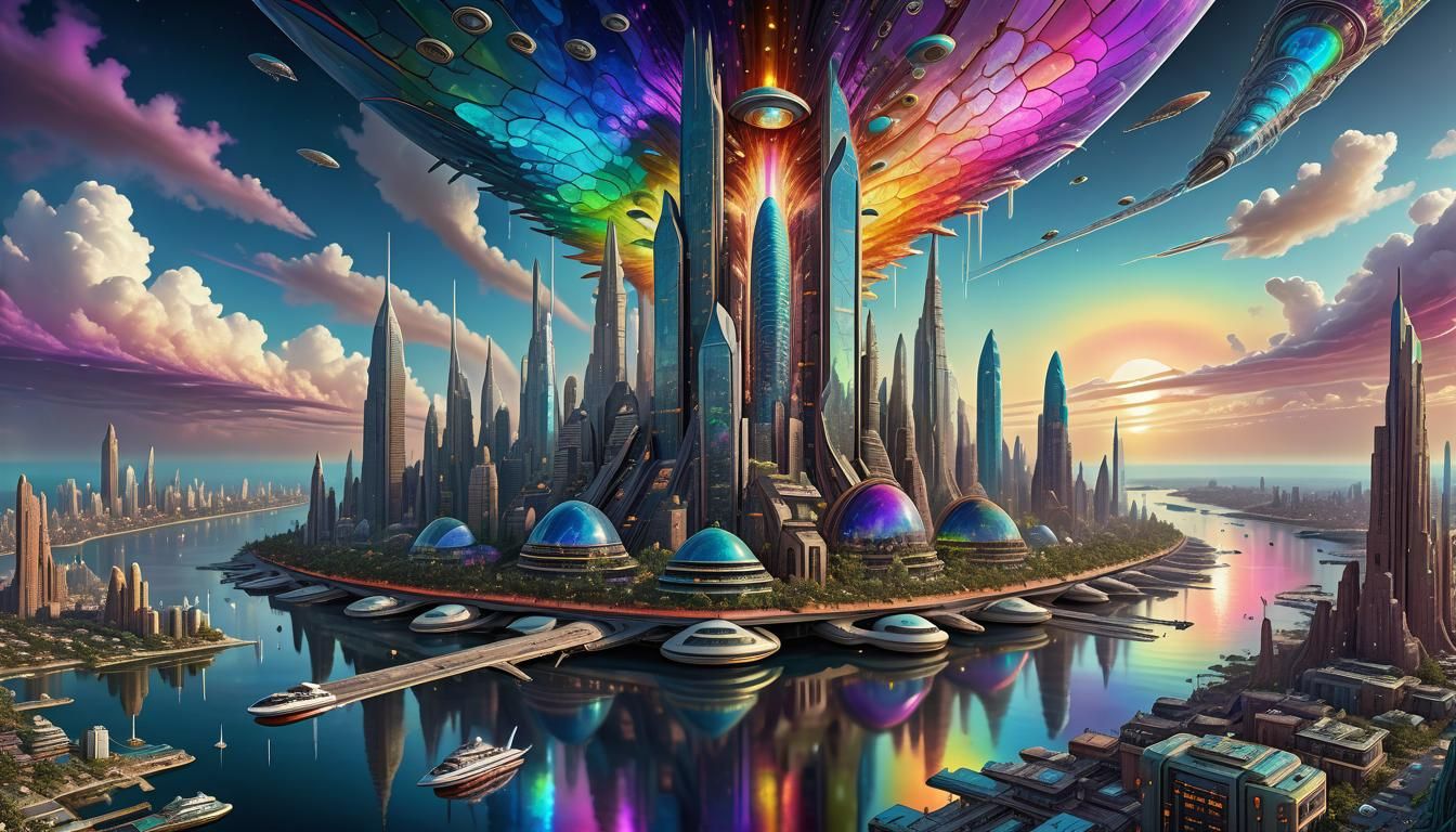 Extraterrestrial Hi-Tech Arcology Cityscape in Psychedelic A...