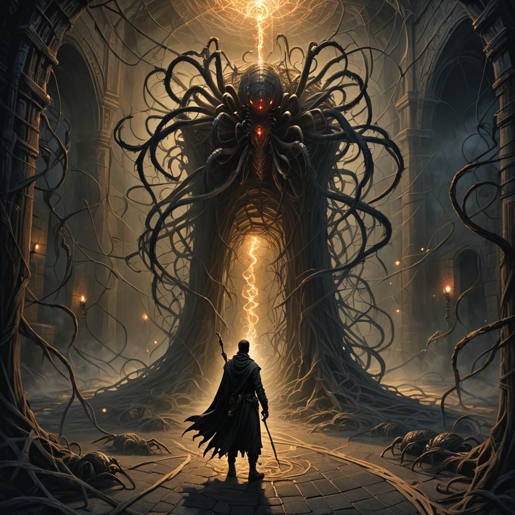 Adventurer at Silk Chamber Crossroads in Dark Fantasy Style