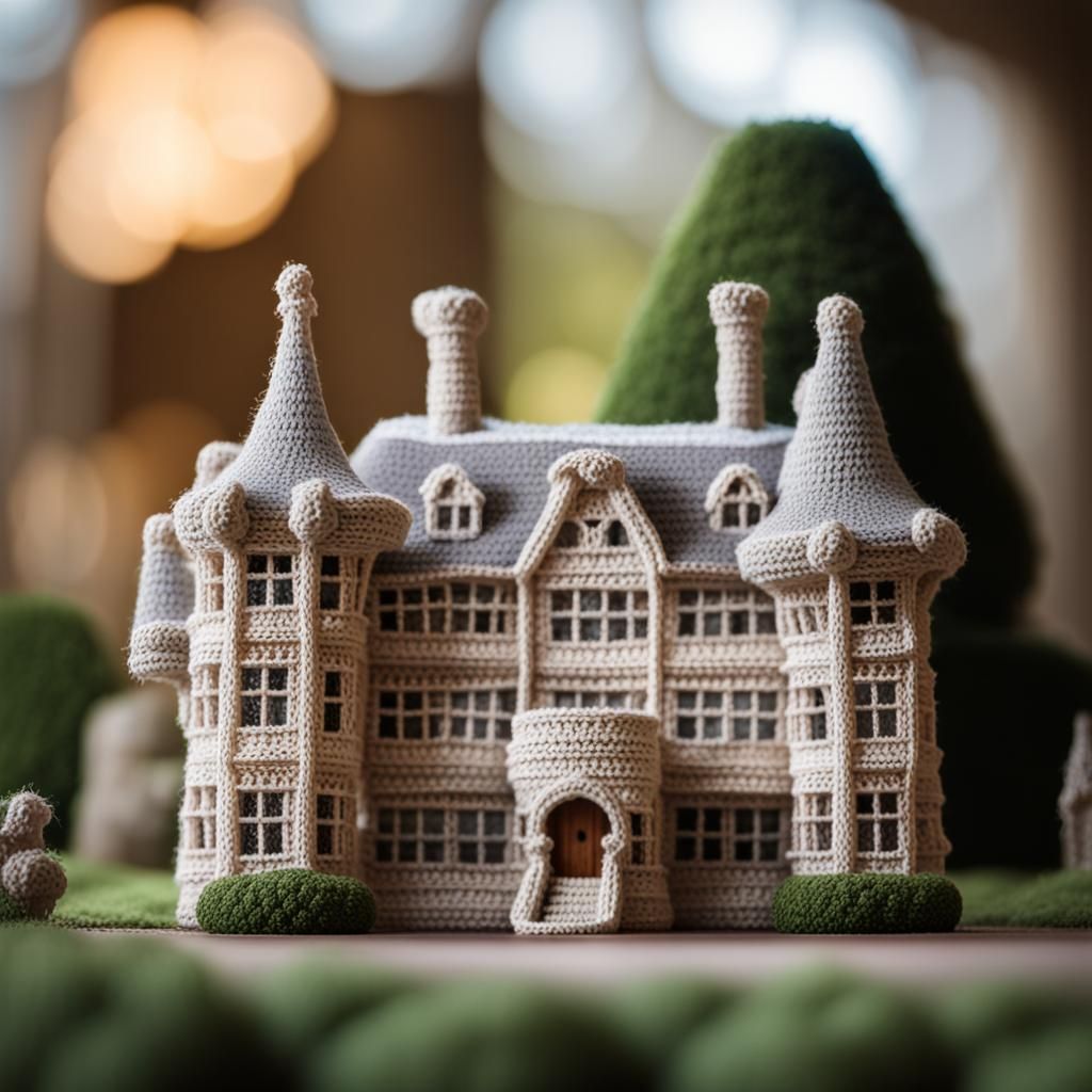 Detailed Crochet Elizabethan Manor House, Professional Photo...