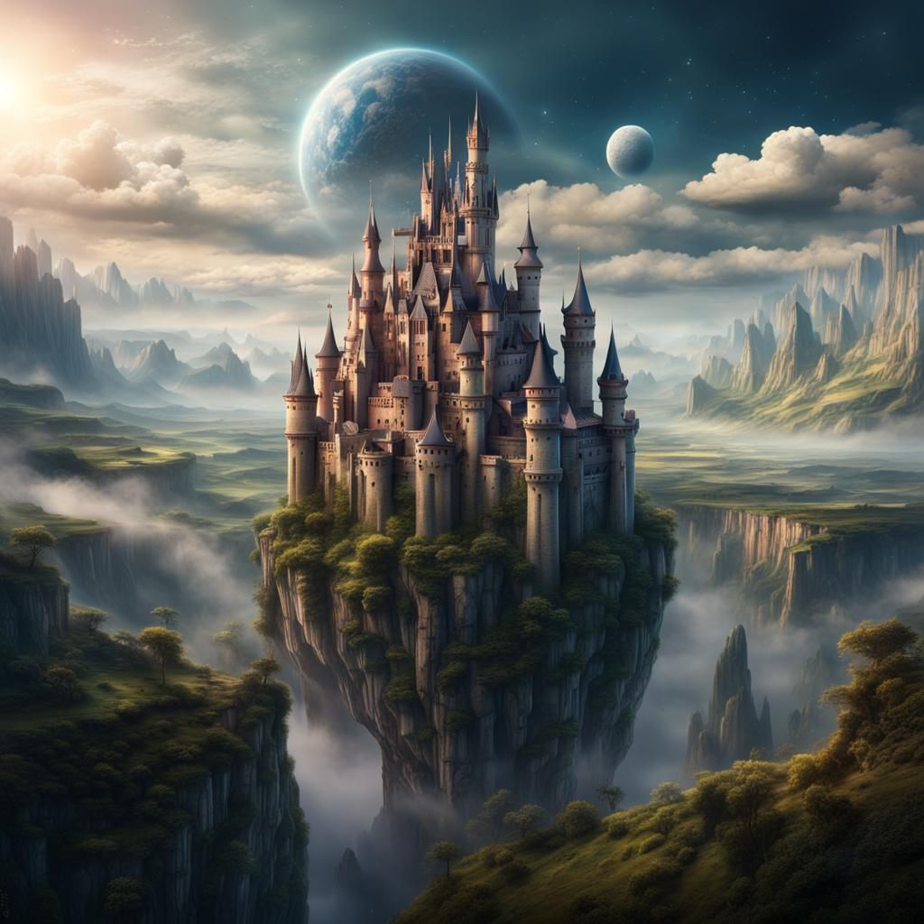 Giant Cosmic Castle Floating Above Valley