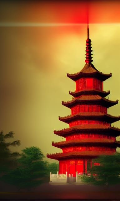 Stained Glass Chinese Pagoda Dripping Blood