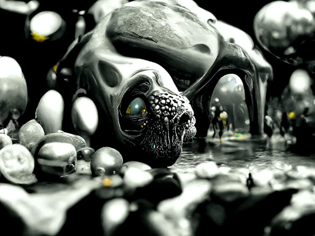 Wax matte, Unsettled black Skeletik alien with gold texture and black ginger,
 view in bright light at dawn, in full fig...