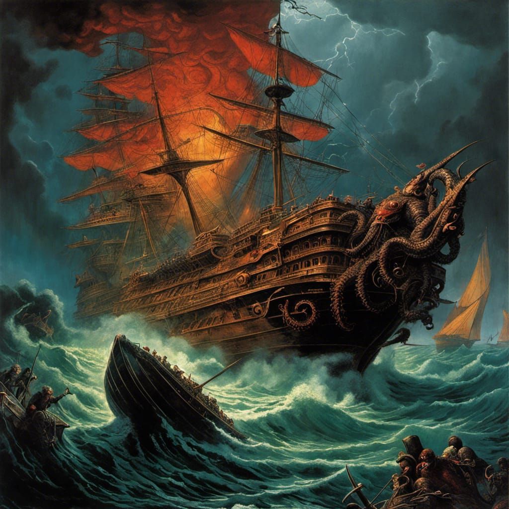 Kraken's Bloody Attack on Ship in Thunderstorm