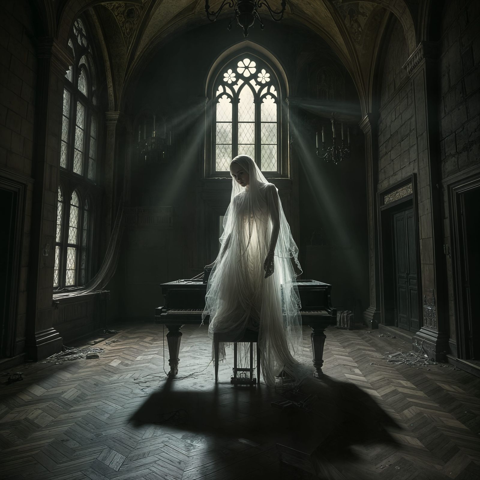Ethereal Ghost Meets Forgotten Piano in a Haunting Castle Sc...
