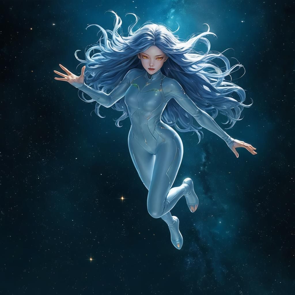 Space Elemental Lady in Flight Through Starry Space