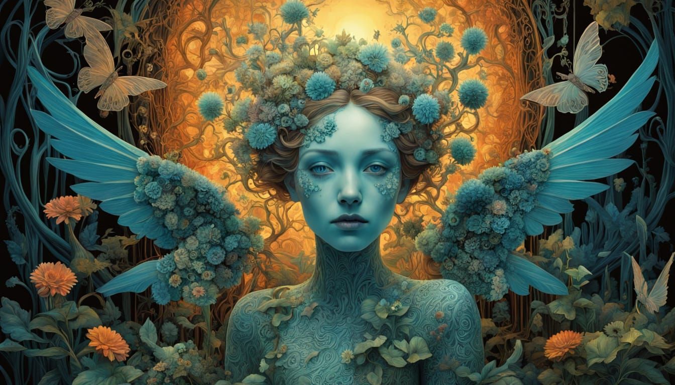 Ethereal Falling Angel Amidst Whimsical Fantasy Landscapes