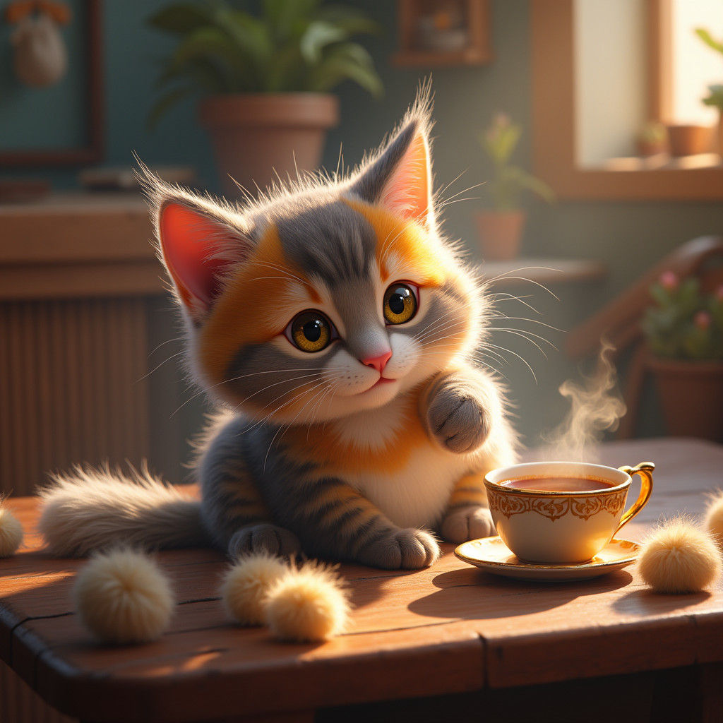 Whimsical Cat in Fantasy Cat Cafe, Detailed Matte Painting