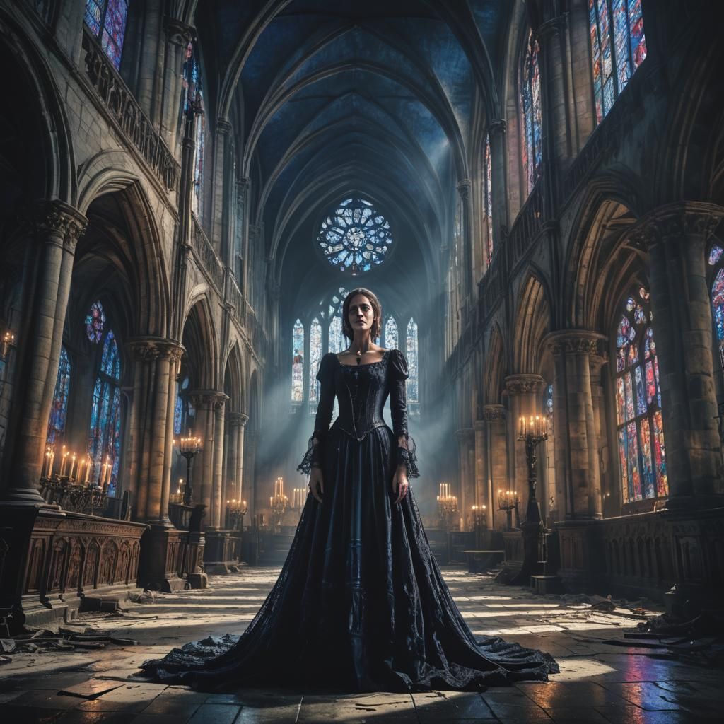 Gothic Horror Woman in Abandoned Cathedral