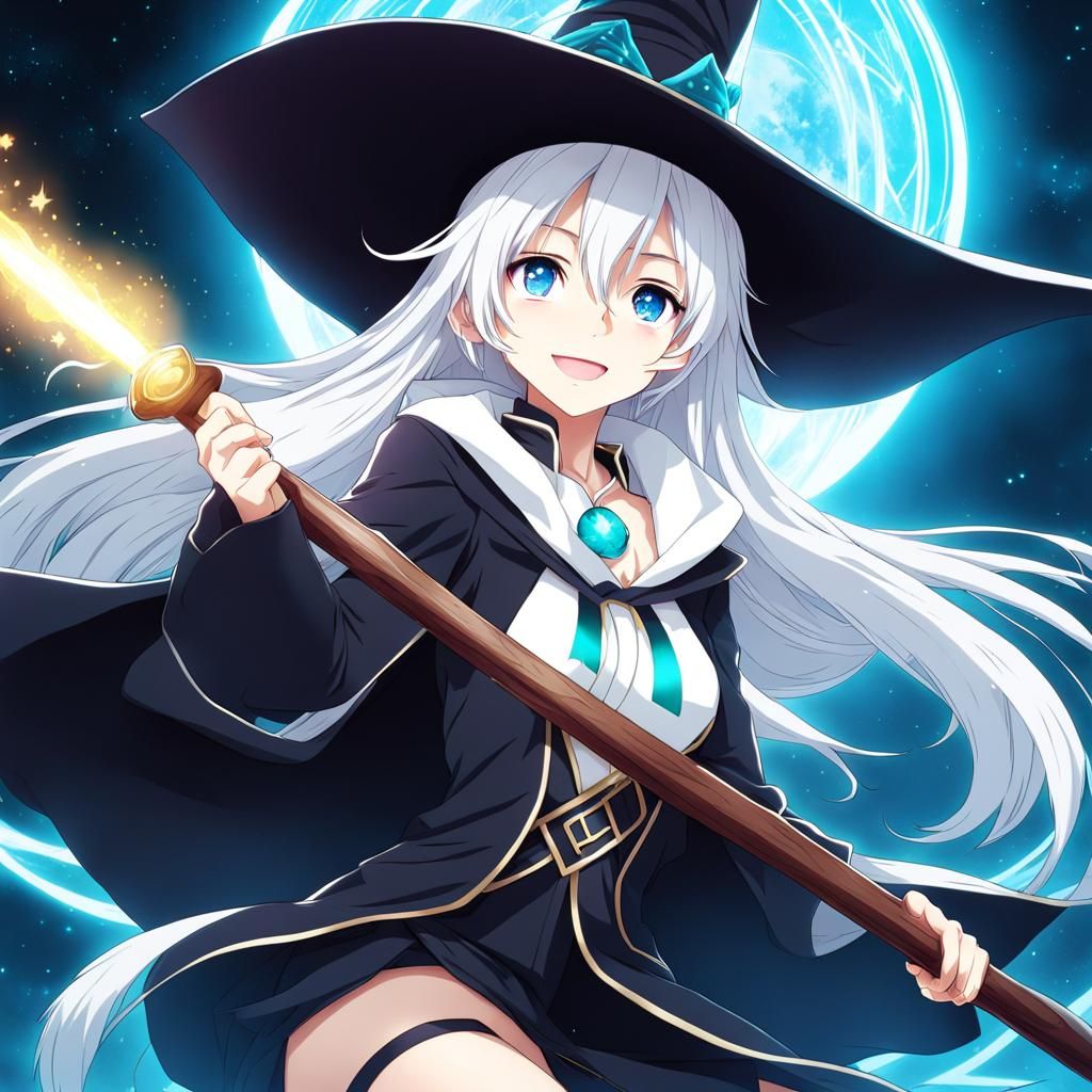 Anime Wizard Girl Riding Broom in Manga Style