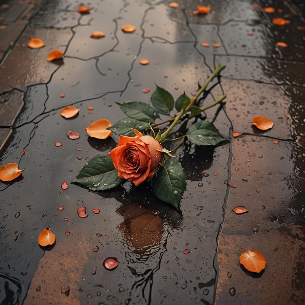 Red-Orange Rose Petals Swept Away: Fantasy Art