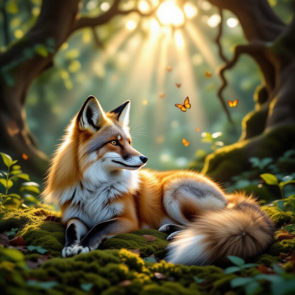 Fox in Magical Forest Glade, Fantasy Art