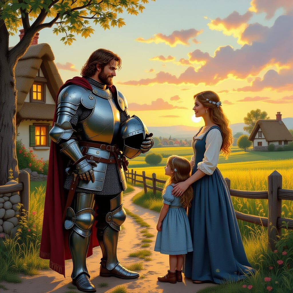 Knight's Heartfelt Reunion at Village Cottage at Sunset