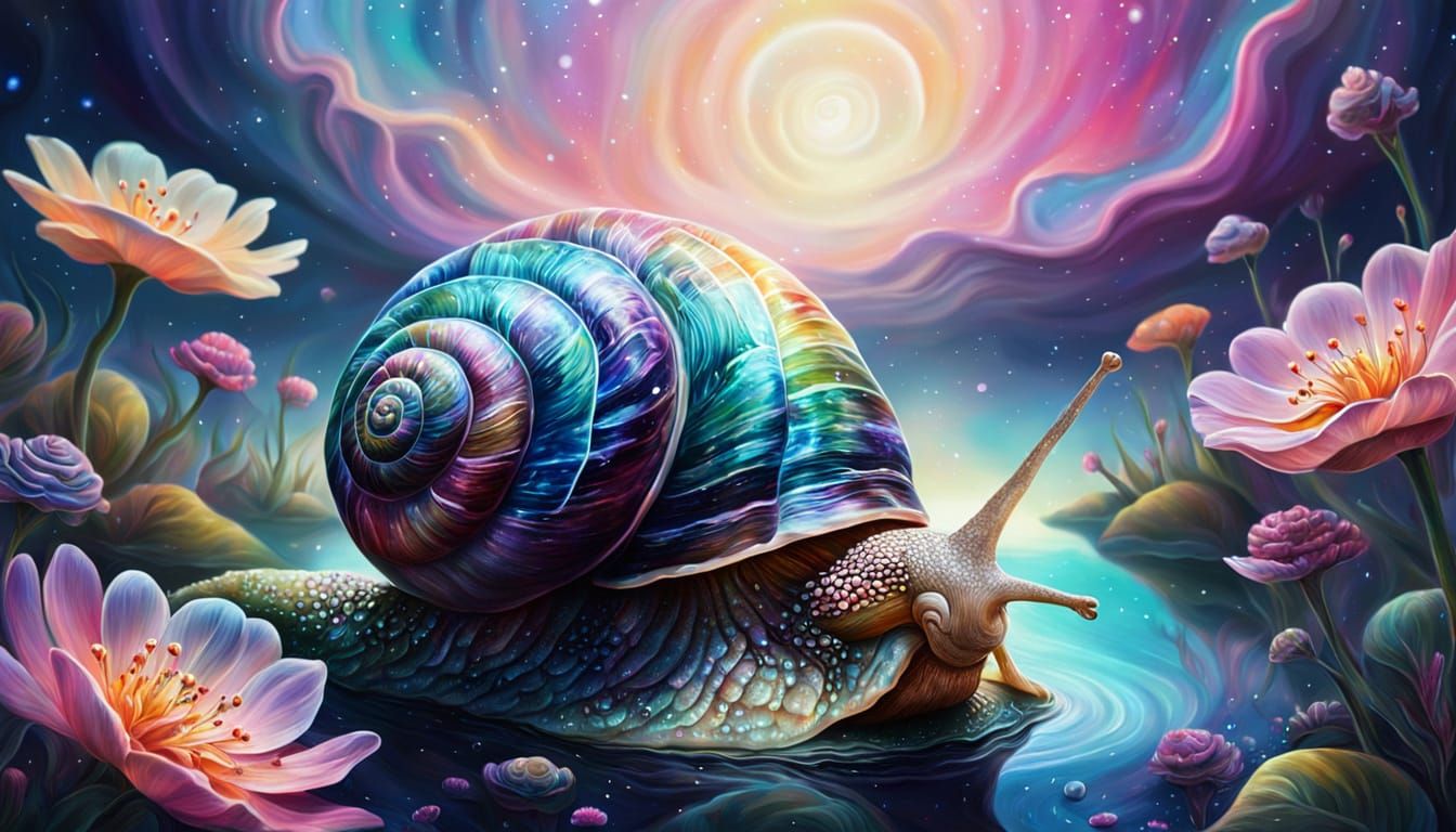 Cosmic Snail in Dreamy Surrealist Oil Painting