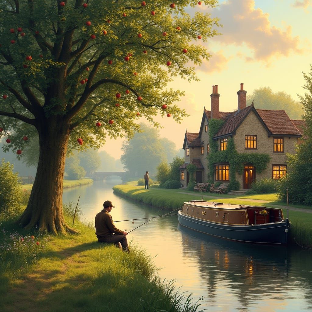 English Countryside Canal Scene in Golden Light