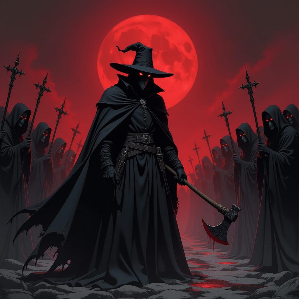 Plague Doctor Fights Undead in Gothic Horror Scene