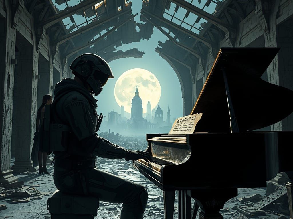Hi-Tech Soldier Plays Piano in Ruined Temple