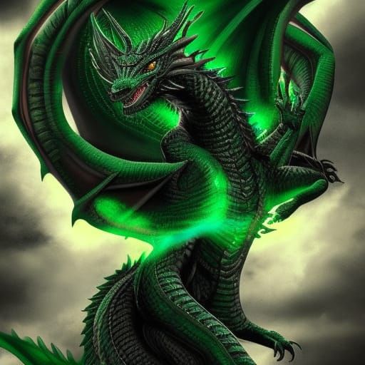 Black dragon with emerald green highlights and Emerald green Energy surrounding the dragon