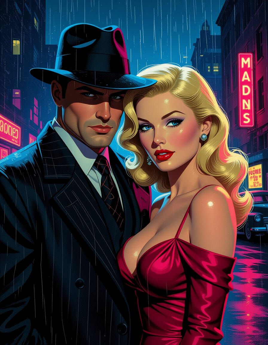 Film Noir Scene with Femme Fatale, Hyperrealistic Neon Art